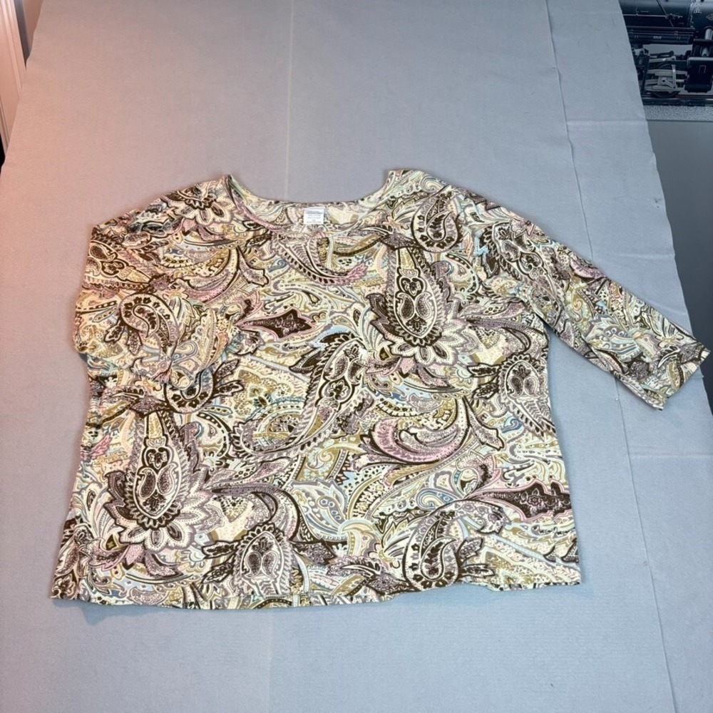 American Sweetheart Womens‎ 100% Cotton Brown Paisley Floral 3/4 Sleeve Tee XXL
